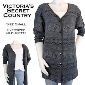 Victorias Secret Country VTG 90s Cardigan Small Gray Floral Geometric Oversized